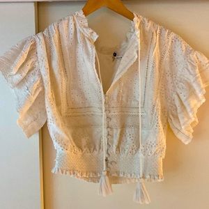 Alice + Olivia Crepe Ruffle-Sleeve Blouse
